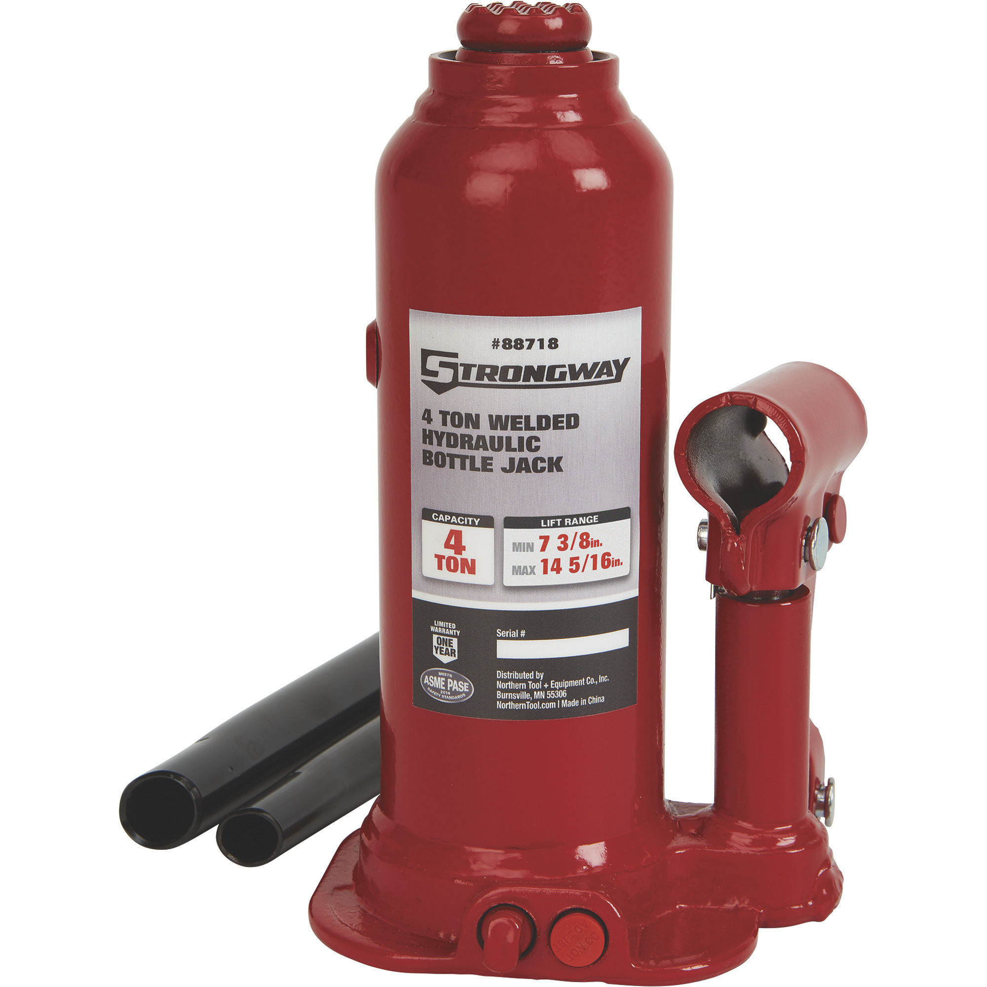 Strongway 4-Ton Hydraulic Bottle Jack, 7.38in.–14.31in. Lift Range, Welded Base, Heavy-Duty Steel Construction